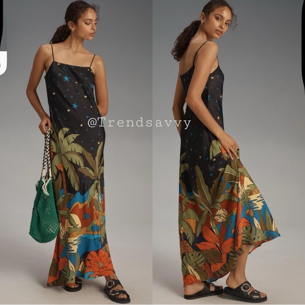 FARM Rio Black Tropical Floral Maxi Slip Dress XXS Vacation Resort NWT Boho Chic